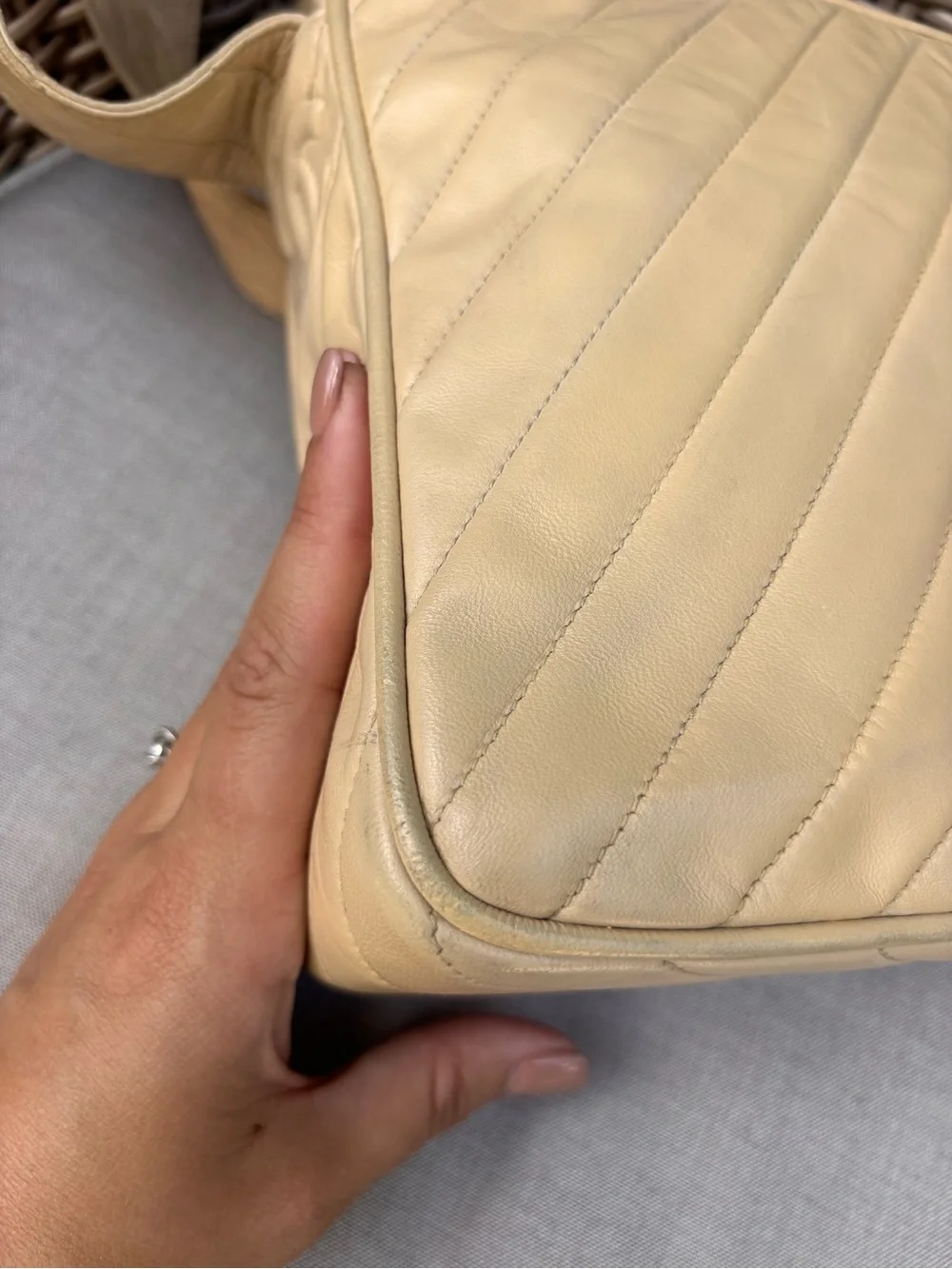Authentic CHANEL beige leather tassel camera crossbody bag